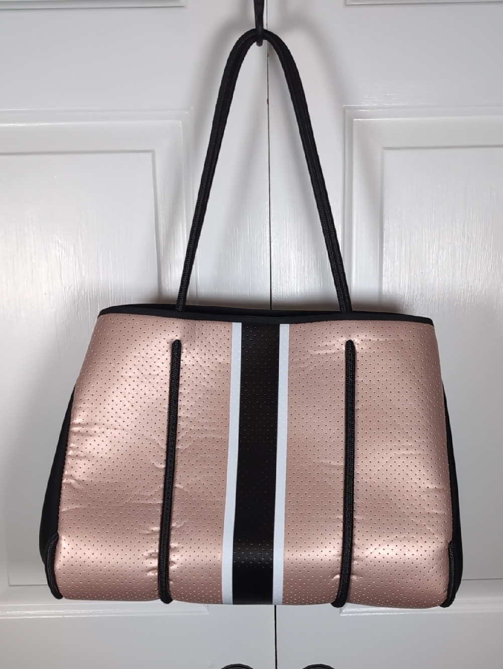 Haute Shore Greyson Pink Black Striped Neoprene Tote Bag Shoulder Purse NWOT